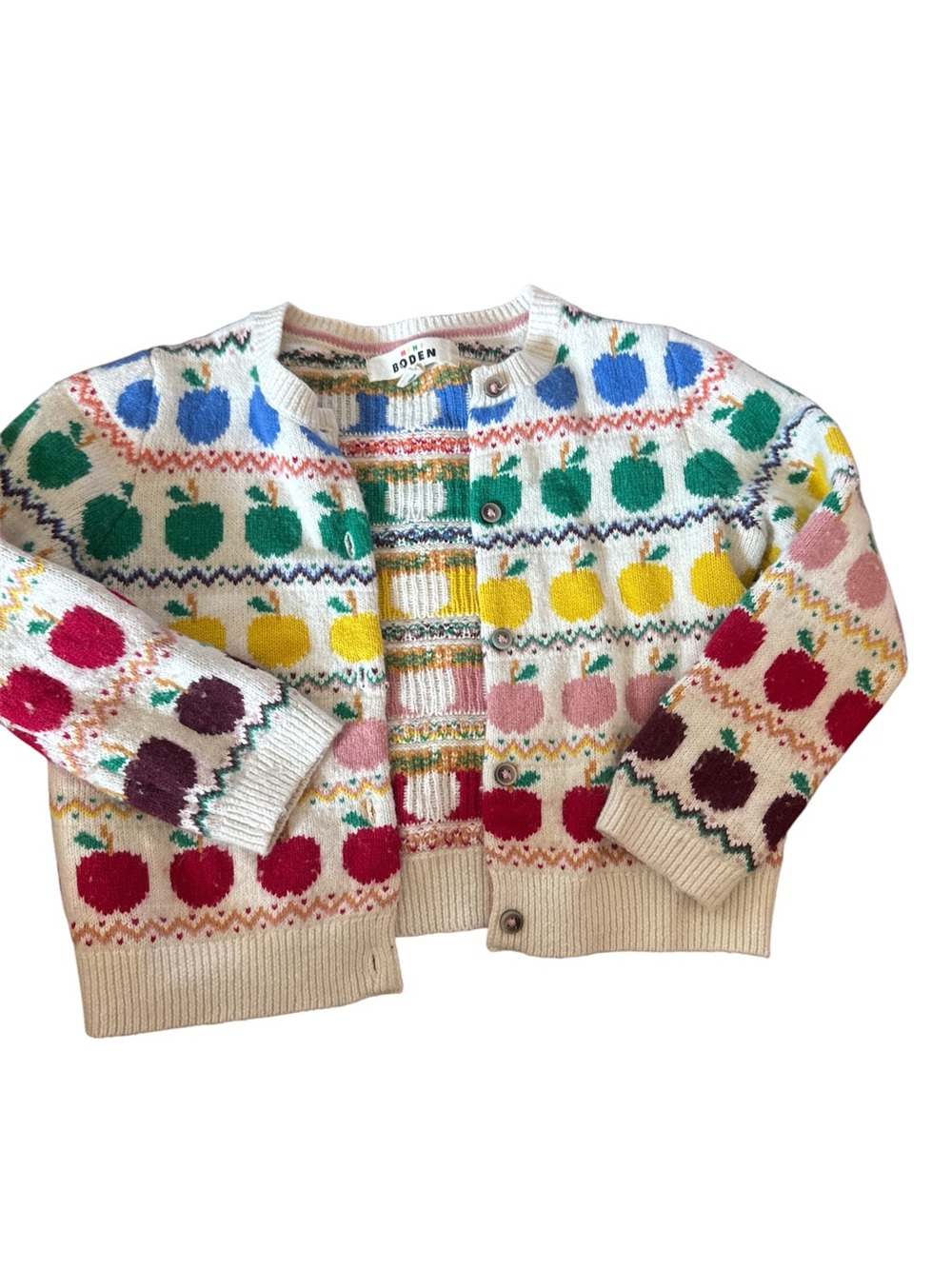 Mini Boden Cream Cardigan with Multicolor Apple Motif